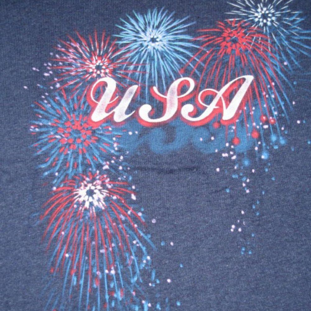 USA Fireworks on Heather Navy Ladies MED or LG Short Sleeve Crewneck Tee
